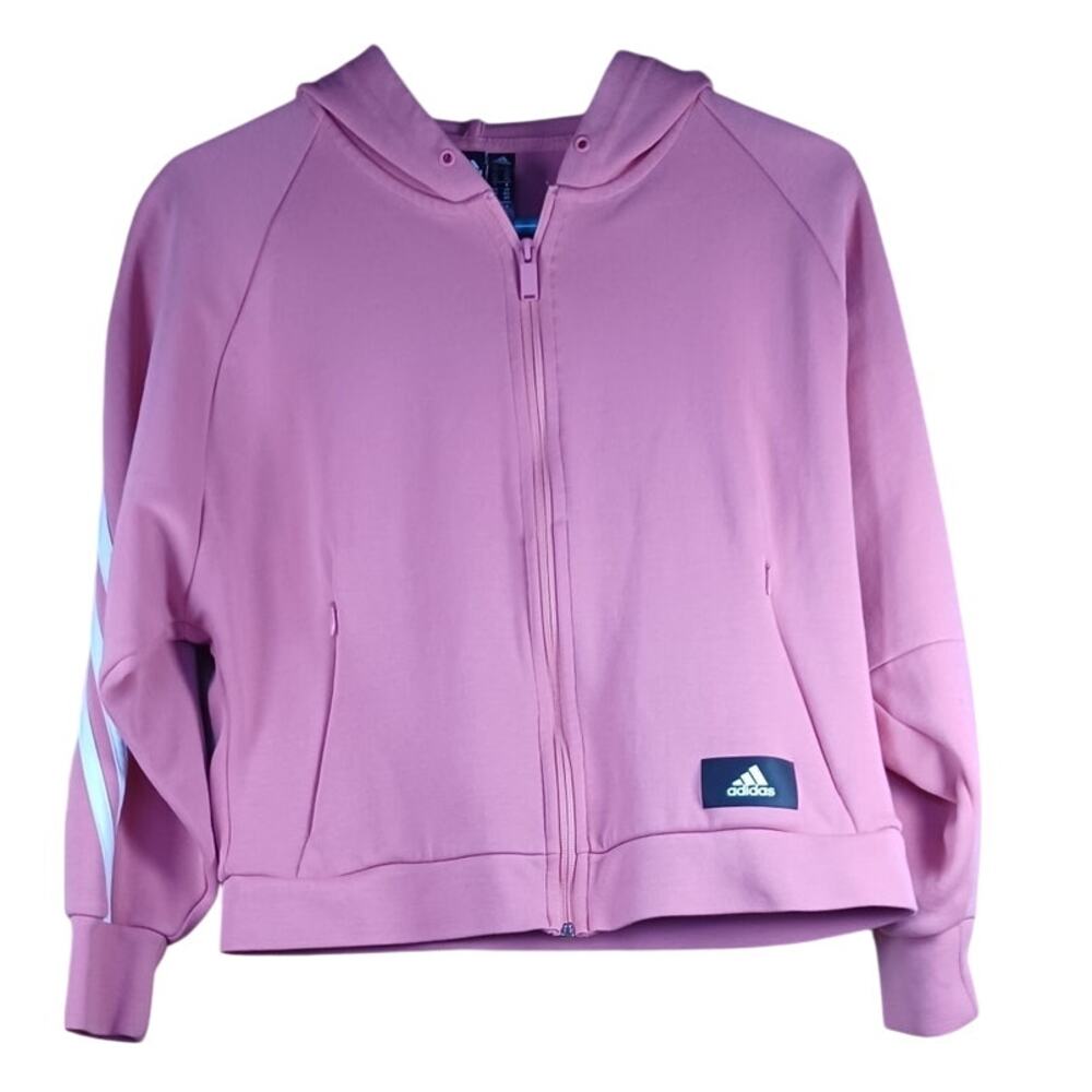 Adidas Pink Cropped Zip Hoodie Small Women Athletic Jacket 3 Stripe Sporty - Picture 4 of 10